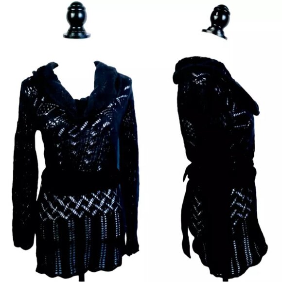 THEORY Tunic Sweater, Black Mohair Wool Soft Long Sleeve Eyelets Belted Velvet S - Picture 1 of 11